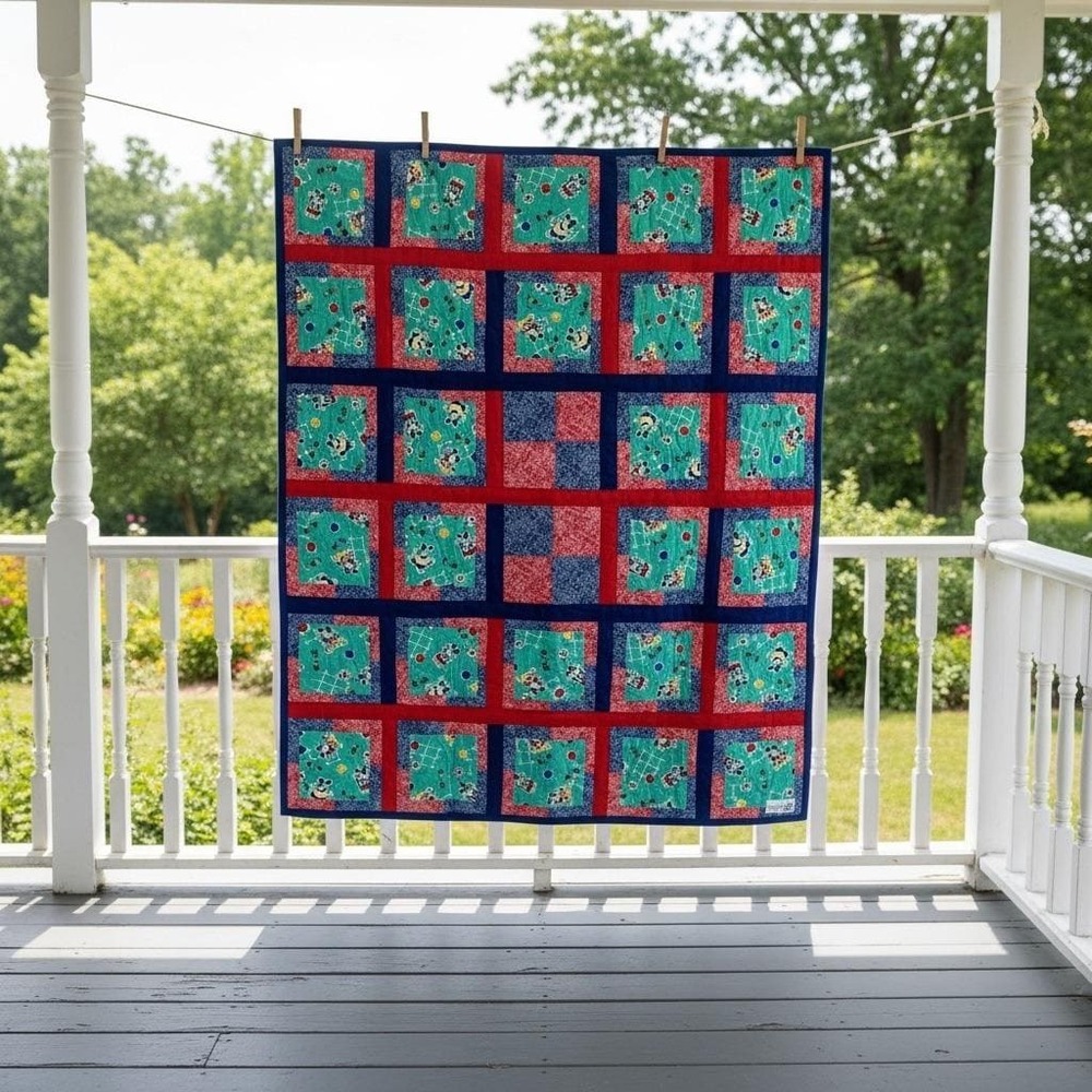 Handmade Sports Soccer Dog Patchwork Quilt Red‎ Blue Teal 50x42  Puppy Blanket